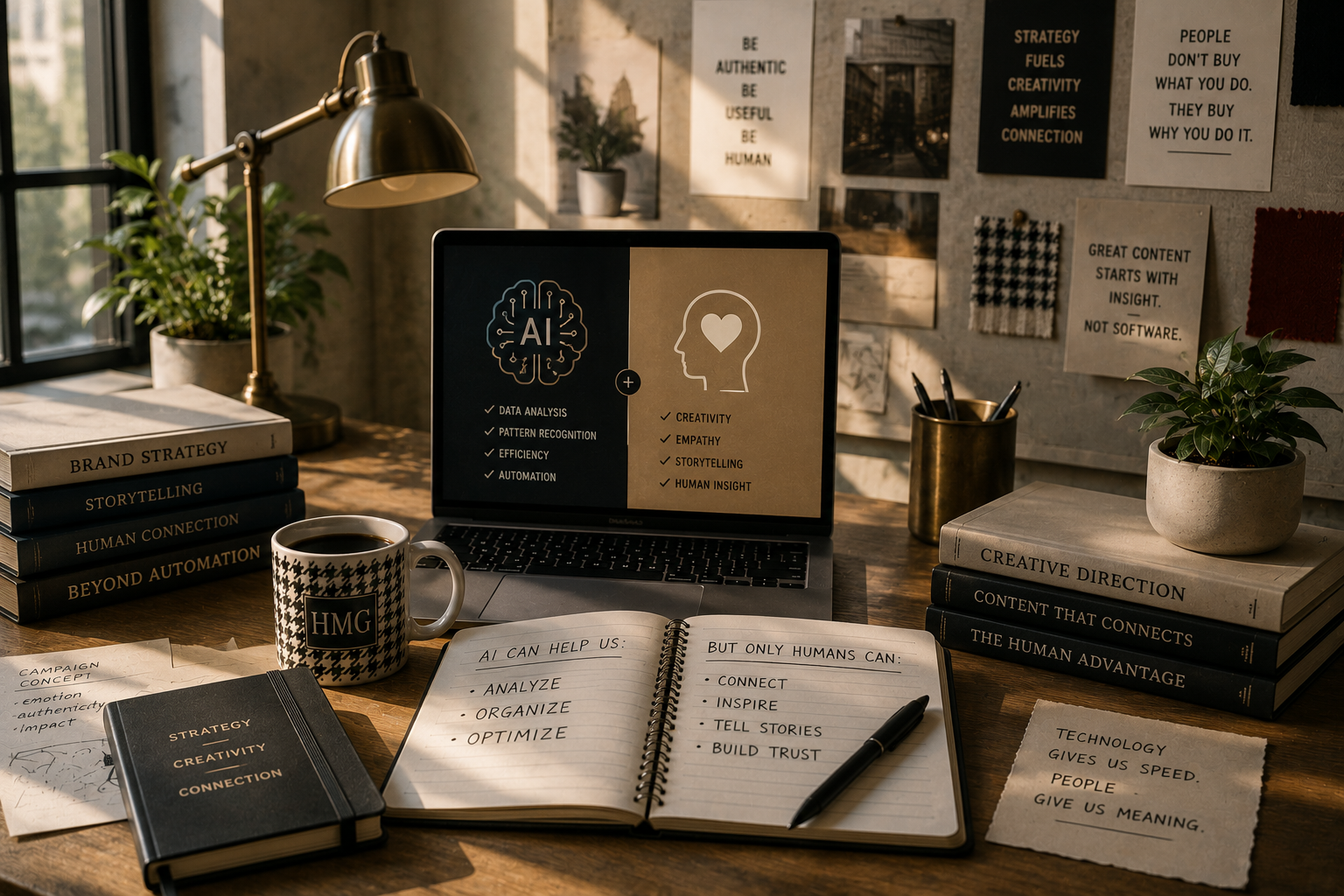 Creative workspace featuring a laptop displaying AI and human creativity comparison, surrounded by strategy books, a notebook with handwritten ideas, coffee, plants, and inspirational branding and marketing posters.
