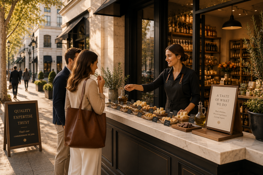Shop owner offering product samples to customers, representing HMG’s personalized approach to building trust through meaningful client experiences.