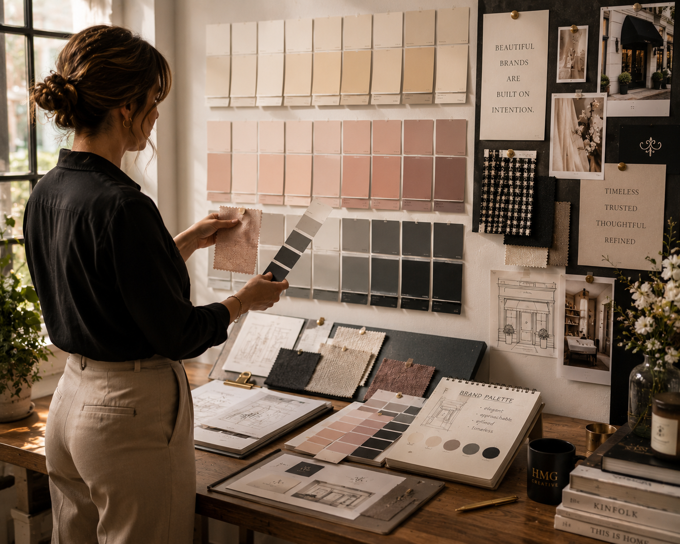 Designer reviewing color swatches, fabric samples, and brand materials on a curated mood board while developing a cohesive visual identity for a client.