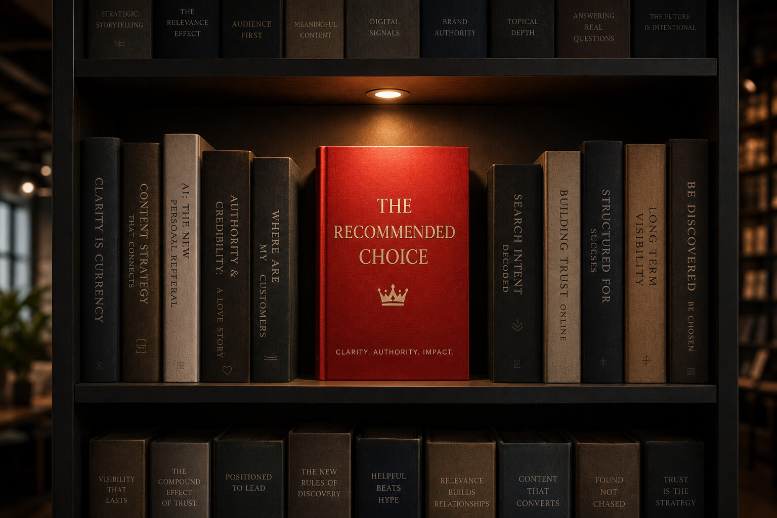 Bookshelf display featuring a highlighted book surrounded by neatly arranged volumes.