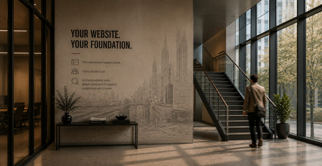 Modern office lobby with a feature wall displaying branding graphics, a staircase, and floor-to-ceiling windows.