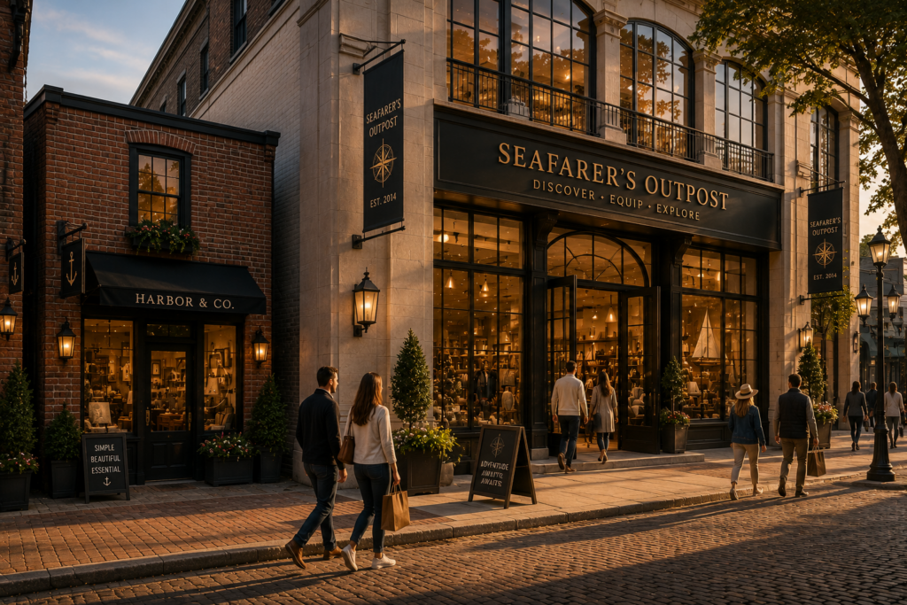 Shoppers walking past a modern outdoor retail store with large display windows and welcoming storefront signage, creating an inviting shopping experience.