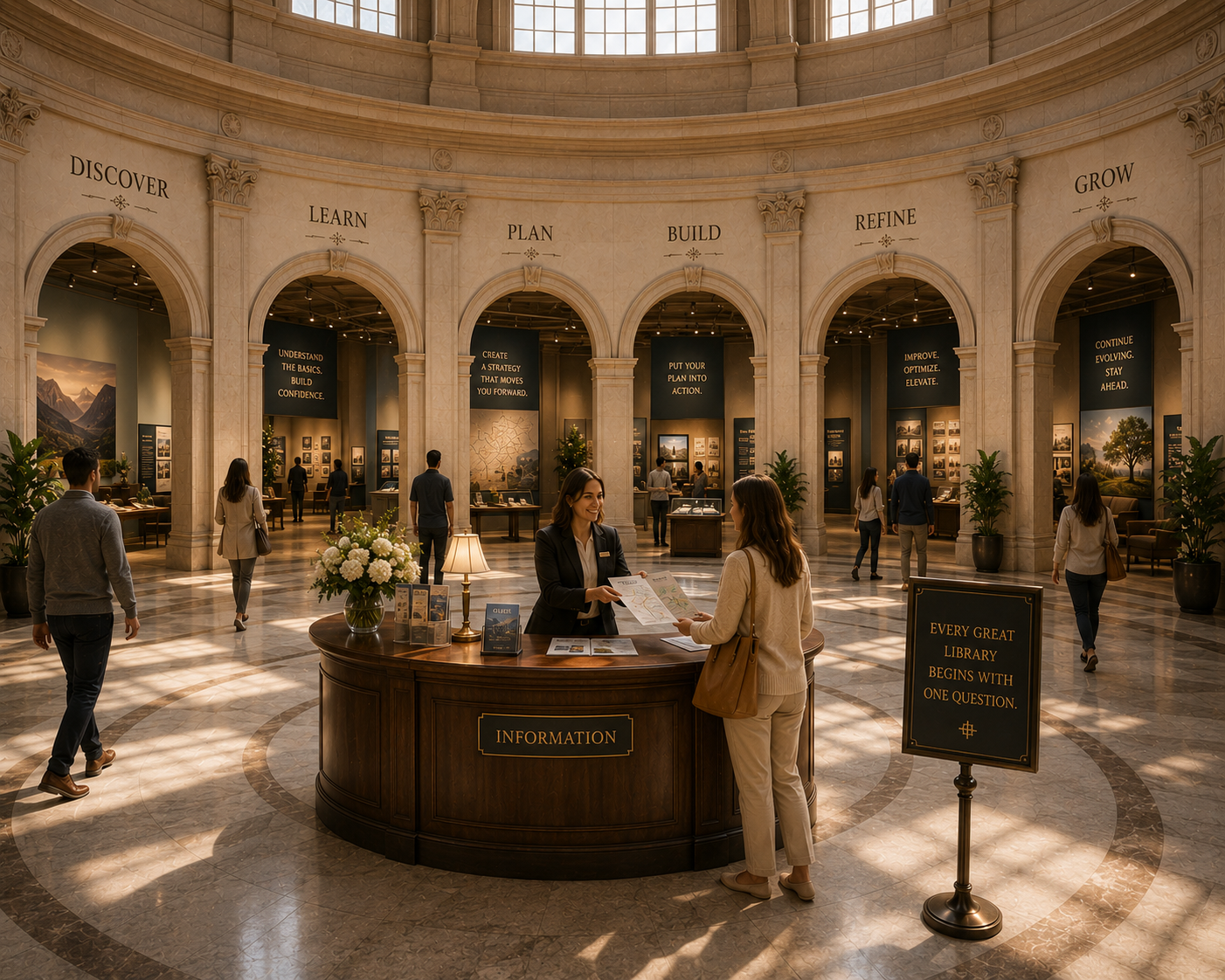 Visitors exploring a library organized into stages of growth, illustrating HMG’s strategic content approach that guides businesses from discovery and planning to long-term success.