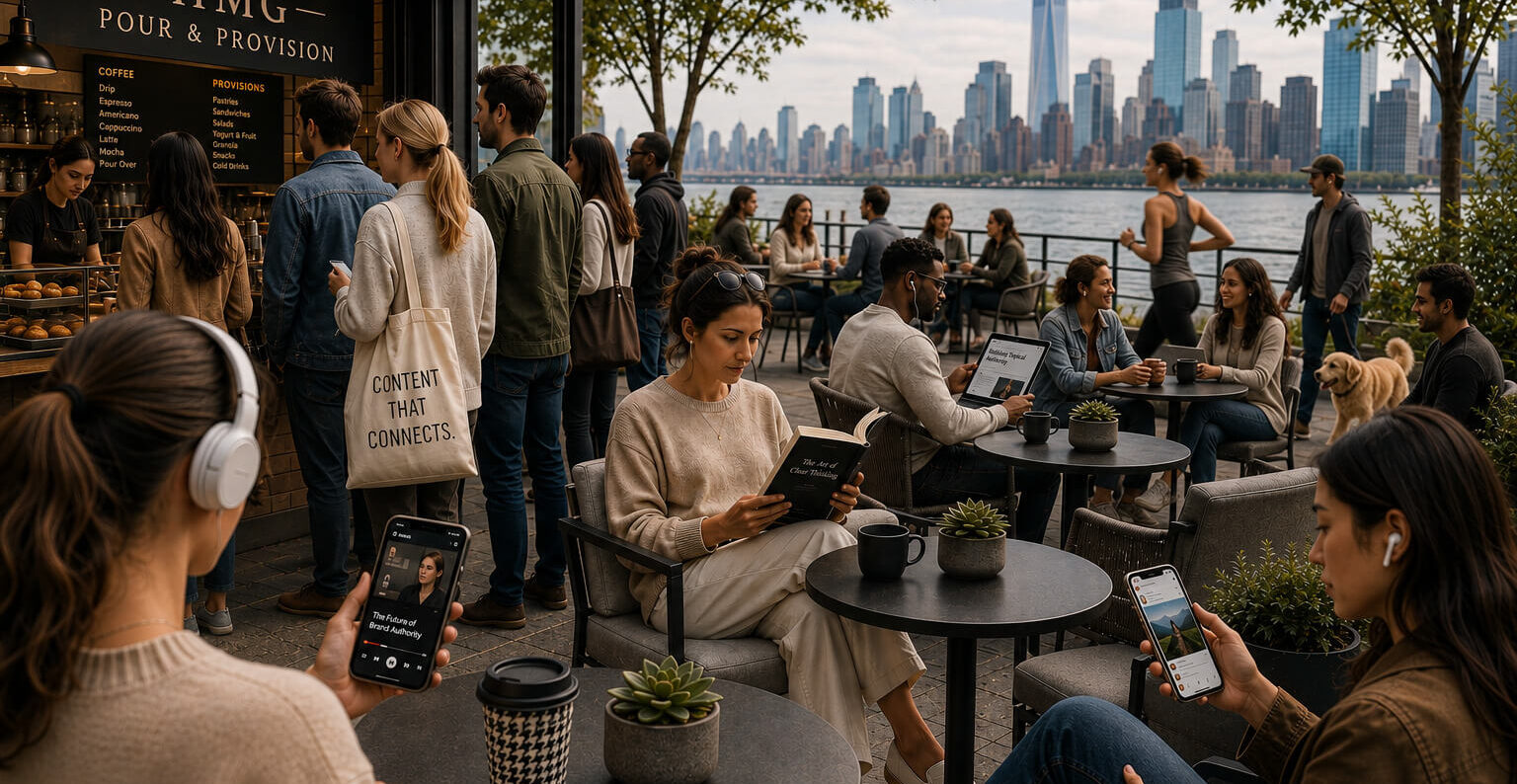 People gathered at an outdoor café overlooking a city skyline with waterfront views on a sunny day.