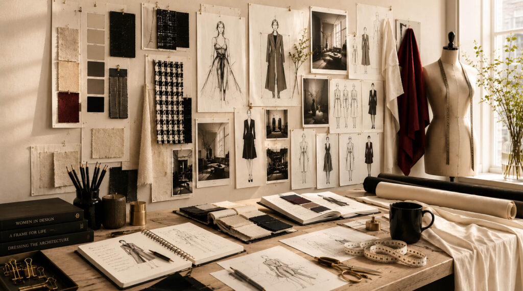 Fashion design studio with fabric swatches, sketches, inspiration boards, and garments.