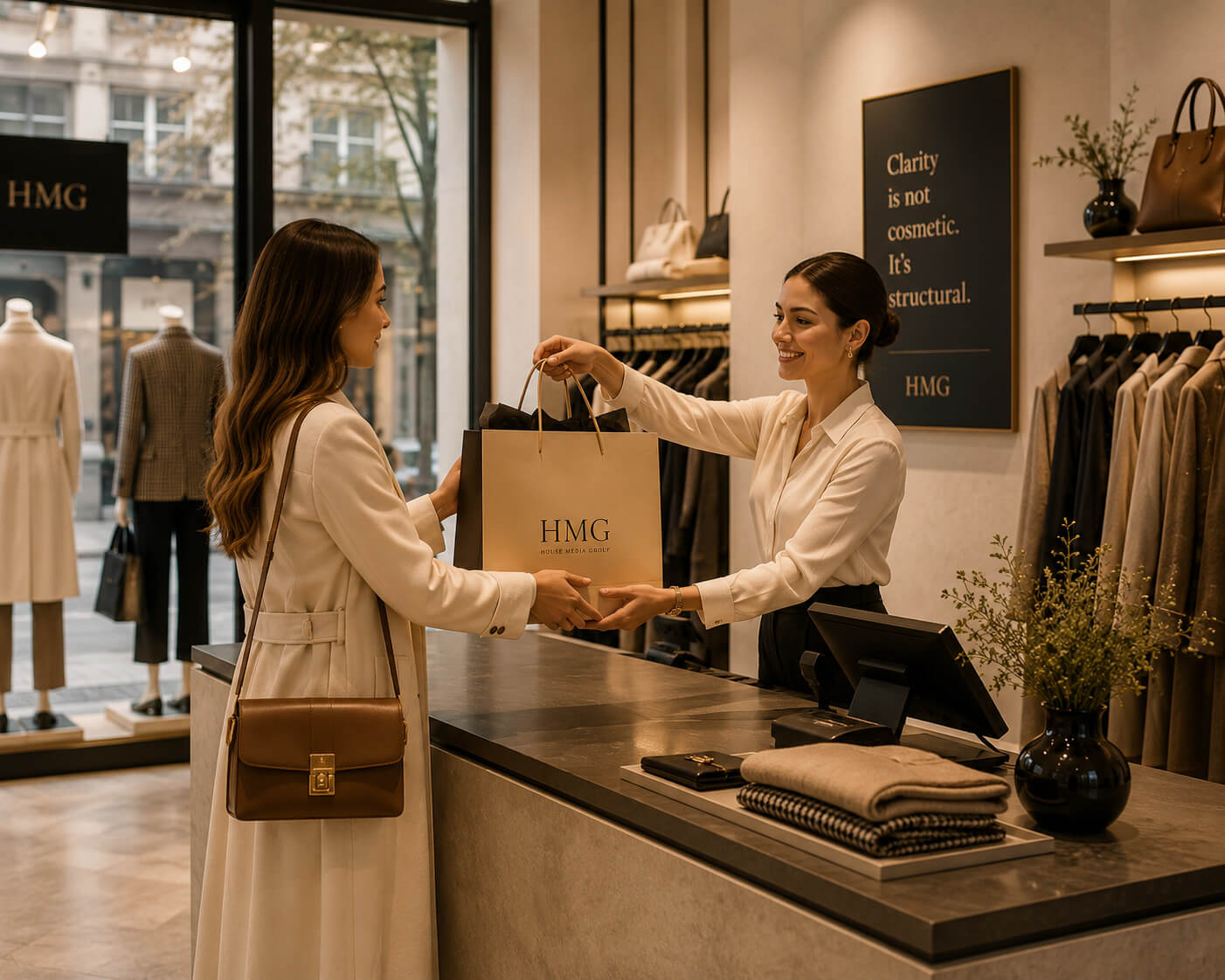 Customer receiving a shopping bag from a store associate at the checkout counter inside a modern clothing boutique.