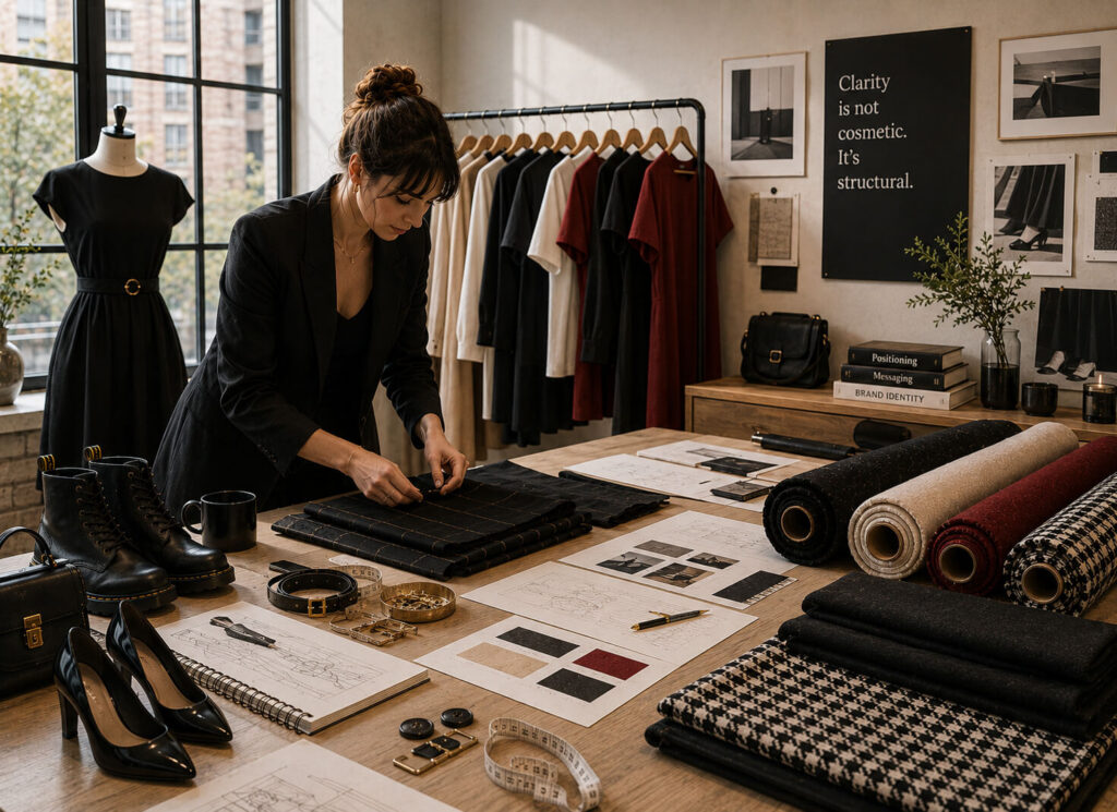 Fashion designer arranging fabric samples, color swatches, and design materials on a worktable in a clothing studio.