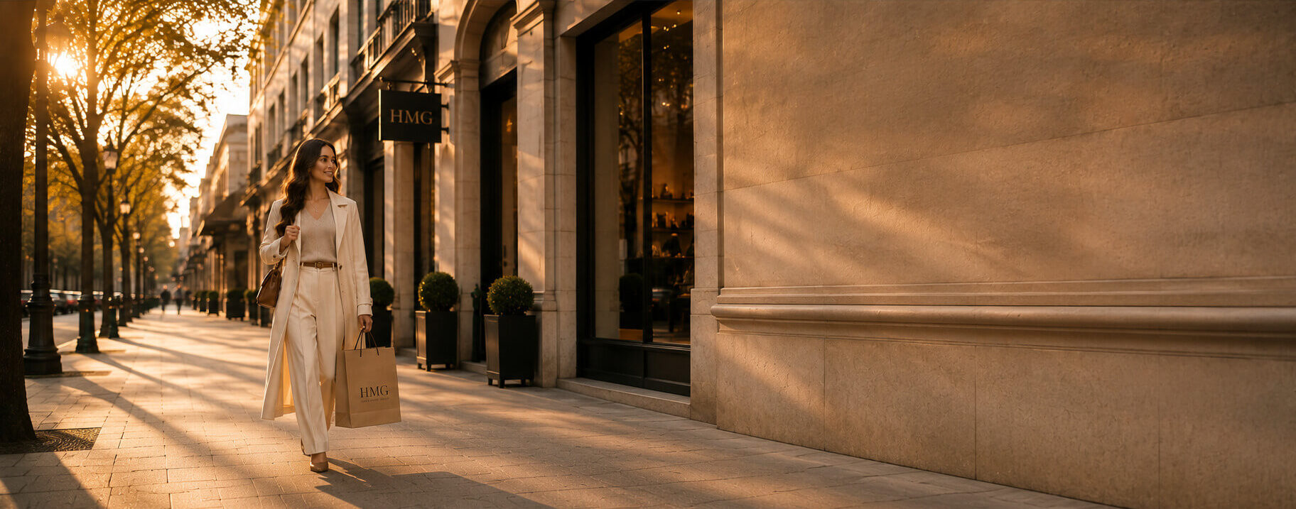 Pedestrian walking past a modern storefront along a quiet, tree-lined street in warm afternoon light.
