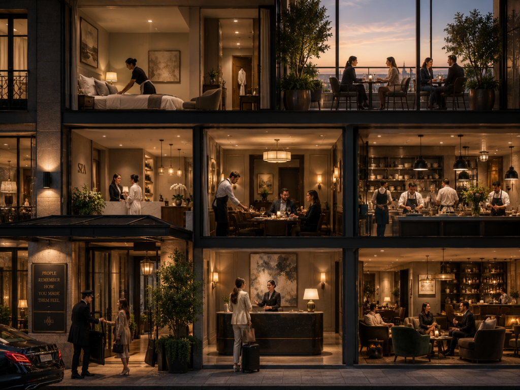 A cross-section view of a luxury hotel showcases every guest touchpoint—from valet and reception to housekeeping, dining, spa, and lounge service—illustrating how HMG helps businesses build a consistent branding strategy through exceptional customer experiences.