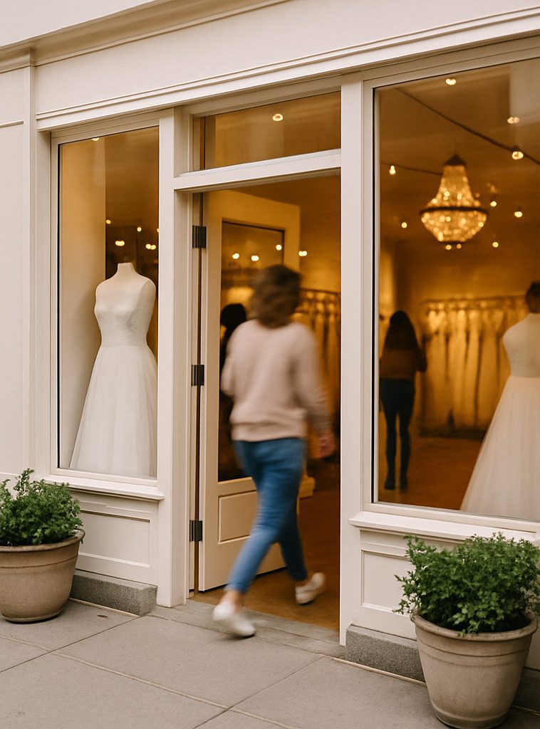 woman entering bridal store