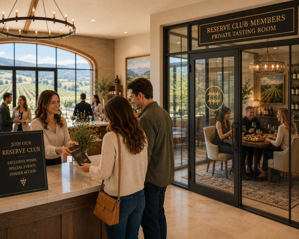 A couple joins a winery reserve club to gain exclusive access to private experiences, illustrating how HMG helps businesses build an email list that converts visitors into loyal, engaged customers.