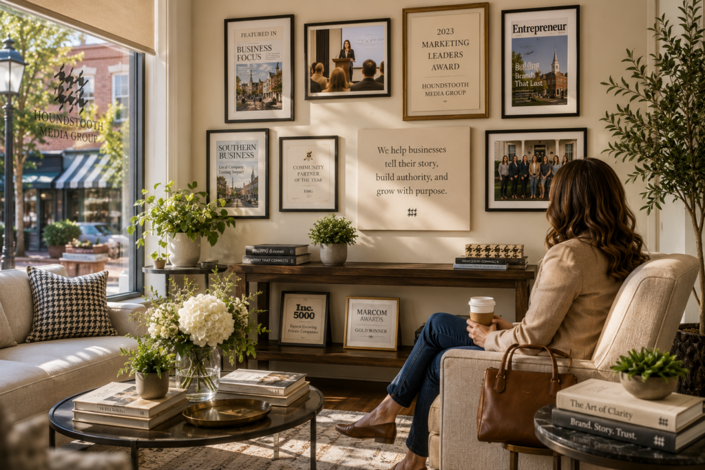 Client relaxing in a welcoming HMG office surrounded by awards and brand achievements, reflecting trust, credibility, and long-term business growth.