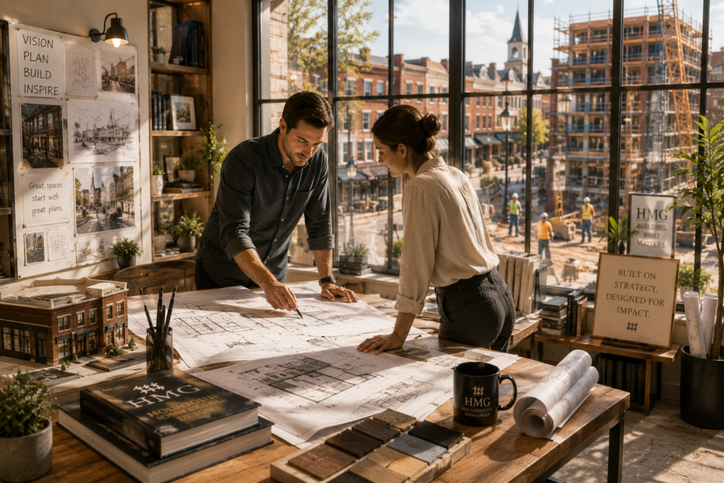 Two professionals reviewing architectural plans in a collaborative workspace, representing HMG’s strategic approach to building strong brands with purpose and long-term impact.
