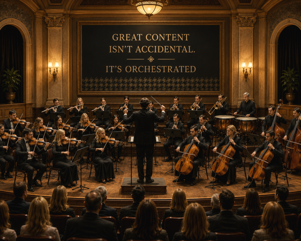 Orchestra performing under the guidance of a conductor, illustrating HMG’s belief that exceptional content is created through careful strategy, coordination, and purposeful execution.