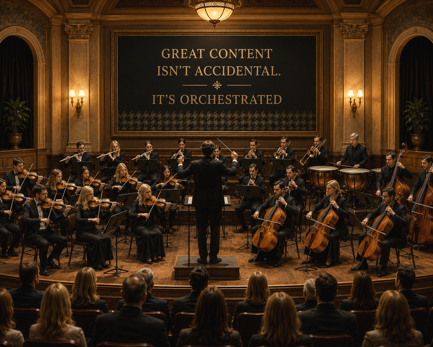 Orchestra performing under the guidance of a conductor, illustrating HMG’s belief that exceptional content is created through careful strategy, coordination, and purposeful execution.