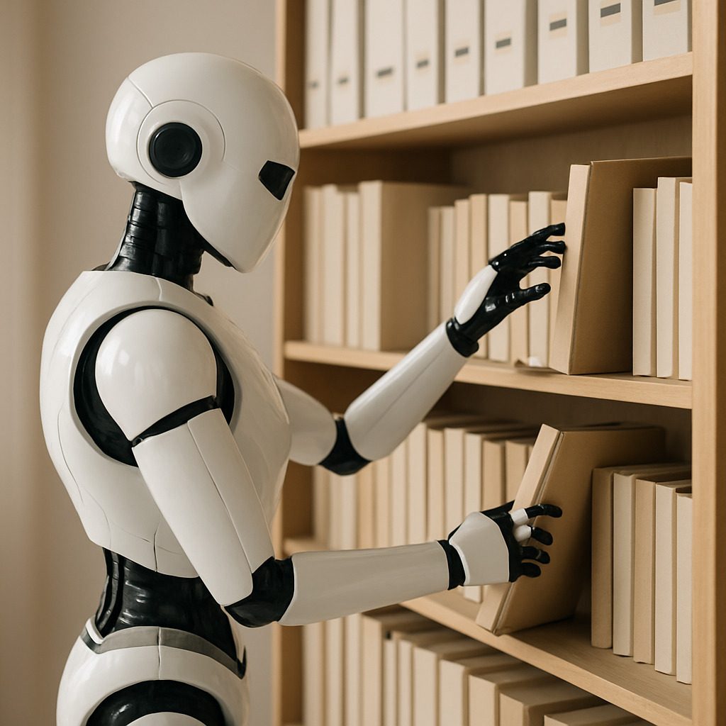 Humanoid robot selecting books from a shelf in a modern library setting.