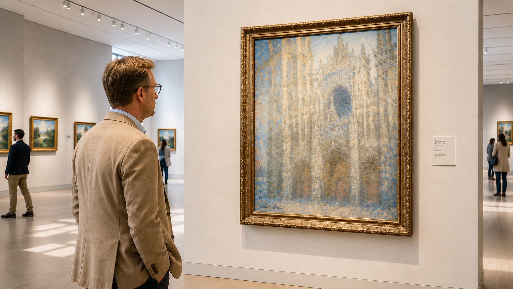 Museum visitor standing and observing a large framed painting in a gallery.