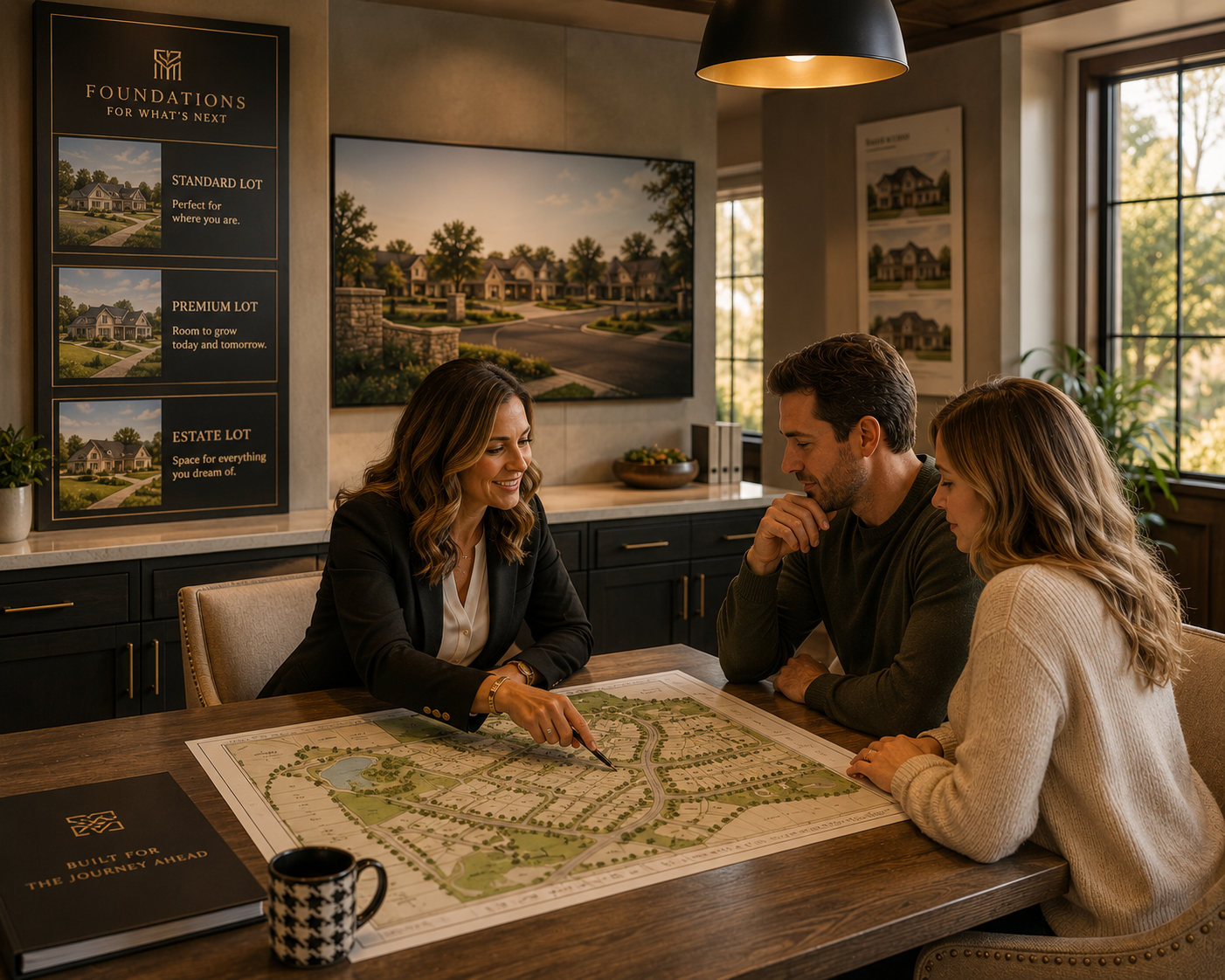 A consultant guides a couple through a neighborhood site plan, using lot selection as a metaphor for choosing scalable website hosting, while HMG emphasizes building a foundation that supports future growth.