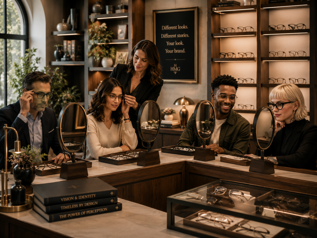 An optician helps customers try on different eyeglass frames in a modern showroom, demonstrating how HMG helps brands create a distinctive visual identity that reflects each customer's unique style.