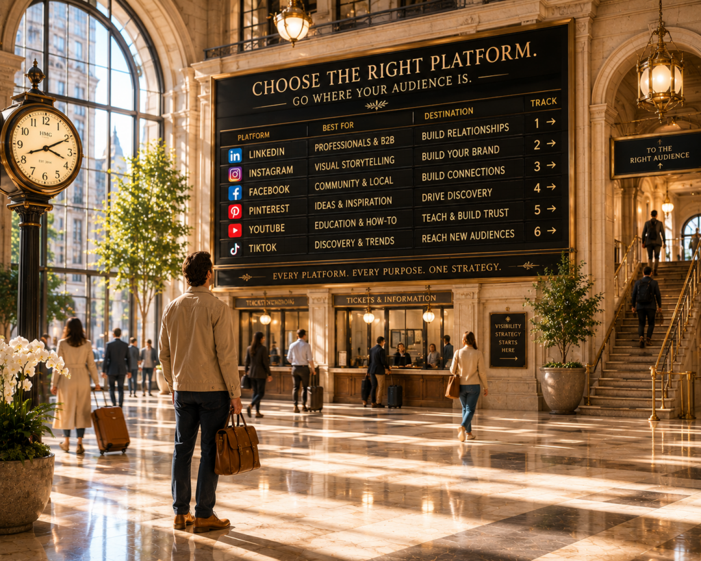 Person viewing a platform selection display, illustrating HMG’s strategic approach to choosing the right marketing channels to reach the right audience.
