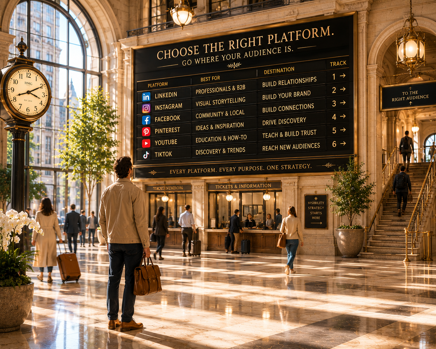 Person viewing a platform selection display, illustrating HMG’s strategic approach to choosing the right marketing channels to reach the right audience.