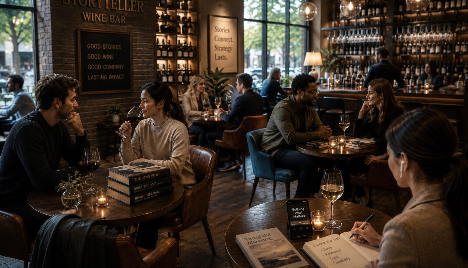 Guests seated inside a warm, contemporary café with bookshelves, ambient lighting, and casual conversations.