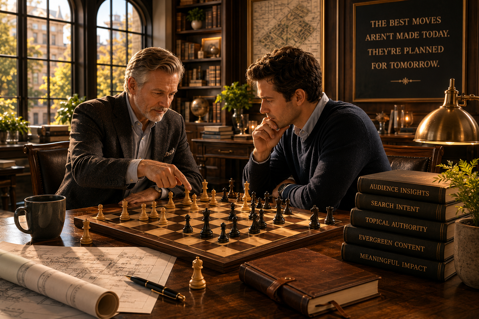 Two professionals reviewing a chess game in an office setting, symbolizing HMG’s thoughtful strategy, long-term planning, and data-driven approach to business growth.