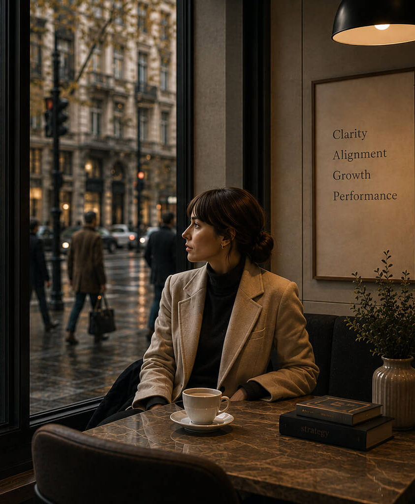 Business professional seated by a large window, reviewing brand strategy concepts while observing a busy urban streetscape.