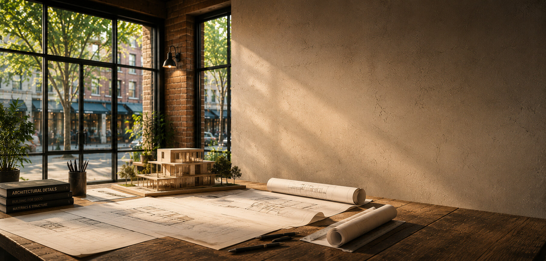 Minimalist studio with large windows, natural light, and architectural drawings spread across a wooden worktable.