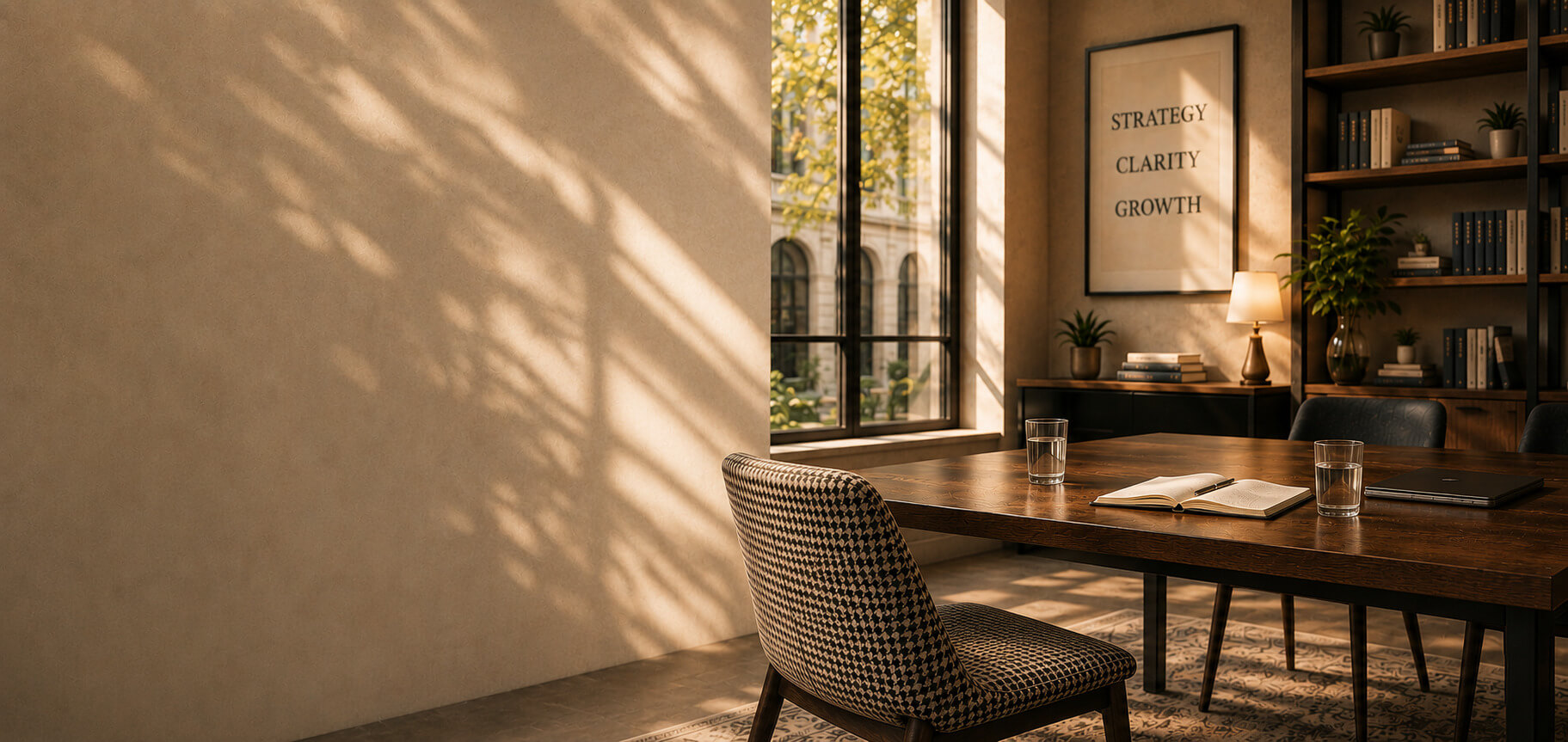 Home office with a wooden desk, upholstered chair, built-in shelving, and large windows casting natural light across the room.