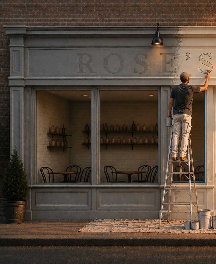 Business owner transforming a storefront with fresh branding, illustrating how strategic marketing builds long-term brand authority.