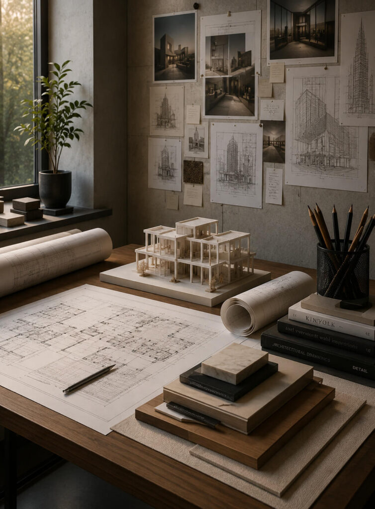 Architectural model displayed on a desk alongside blueprints, drafting tools, and inspiration boards.