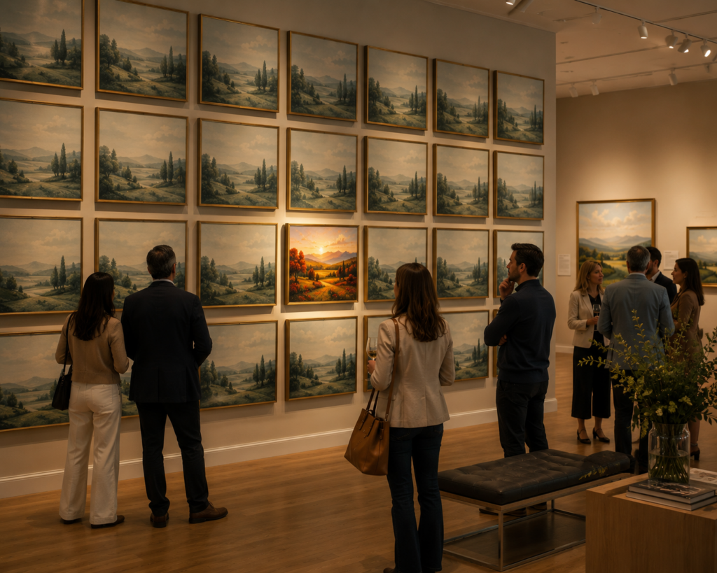 Visitors compare a gallery wall filled with nearly identical paintings while one unique artwork stands out, illustrating how original HMG content outperforms duplicate content in search visibility and audience engagement.