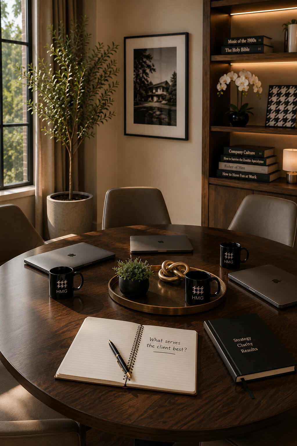 Conference room with a round meeting table, notebooks, a laptop, and chairs in a bright office space.