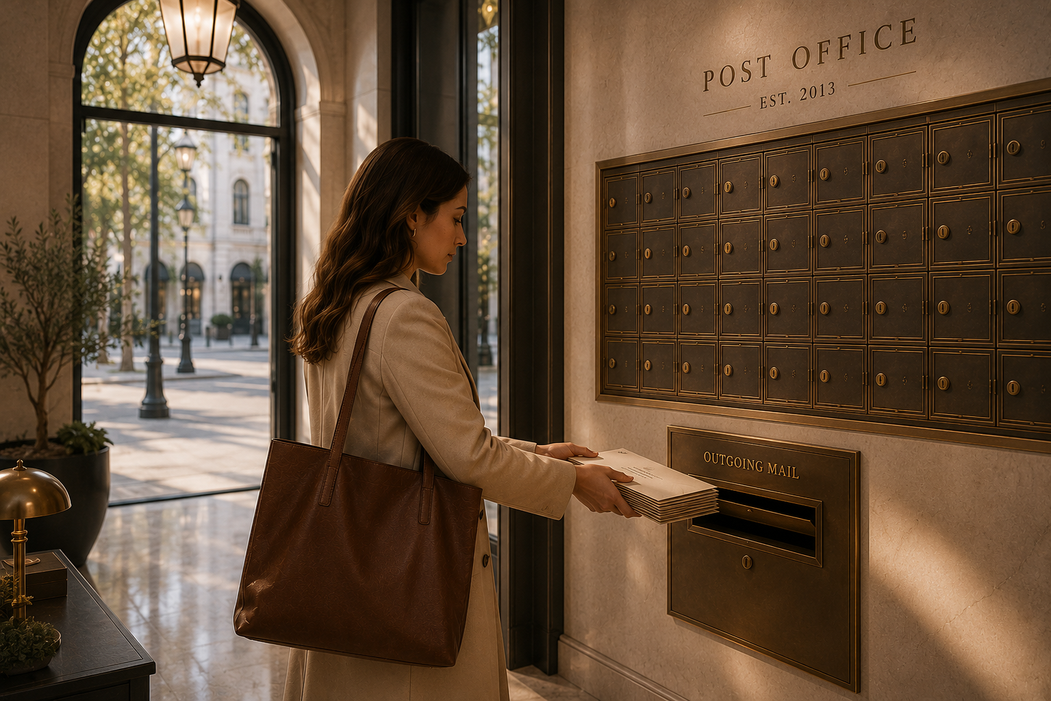 Person placing branded mail into an outgoing mailbox, representing HMG’s consistent communication and reliable delivery of client-focused marketing materials.