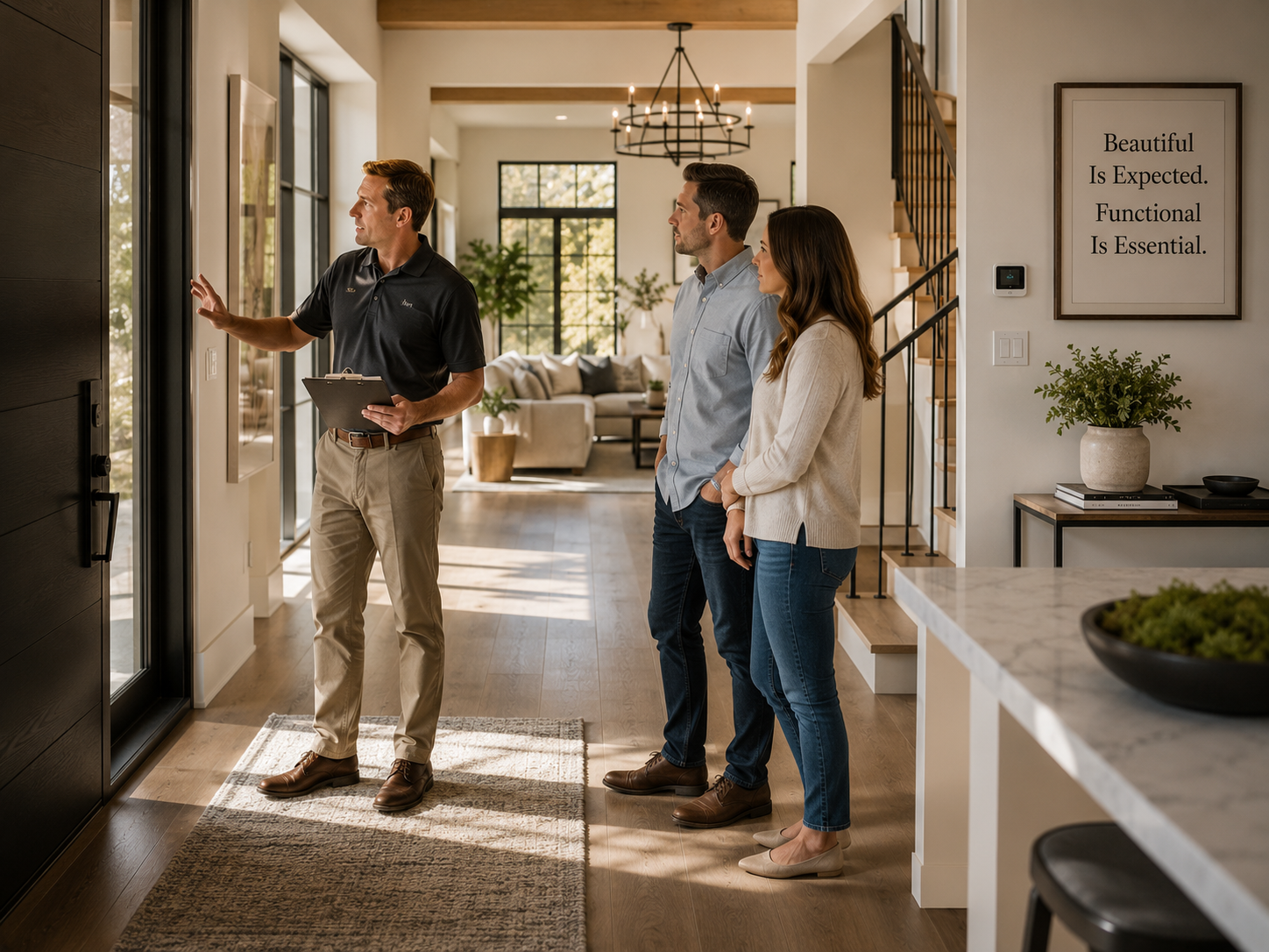 A home consultant walks clients through a modern entryway, highlighting how HMG helps businesses build effective websites with essential elements that combine visual appeal, functionality, and a seamless user experience.