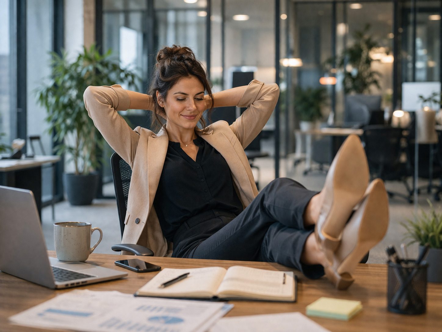 Businesswoman relaxing with feet on desk in a modern office.