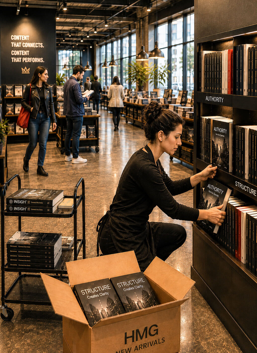 Bookstore employee organizing books on a shelf in a modern retail environment.