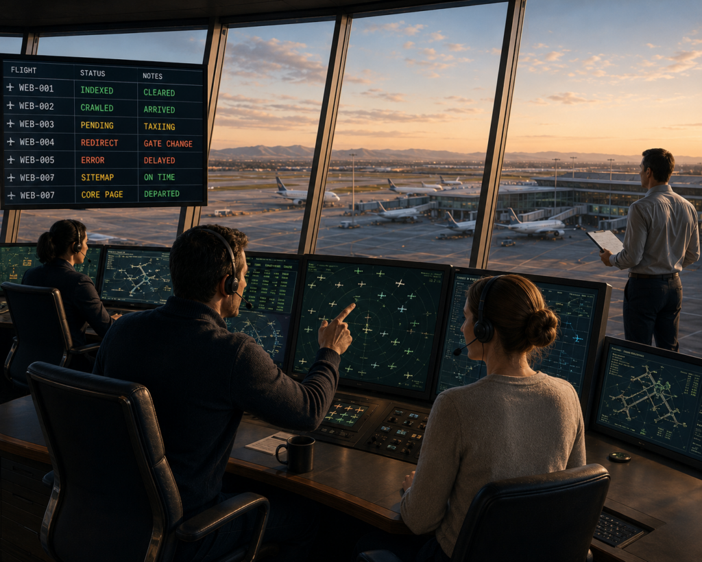 An airport control tower uses flight tracking as a metaphor for Google Search Console, showing HMG monitoring website indexing, crawling, redirects, sitemaps, and errors to improve search visibility and site performance.