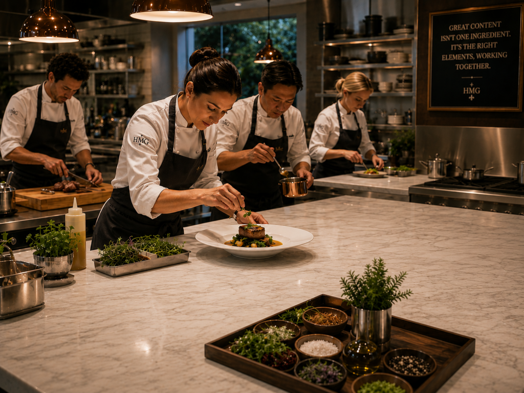 A team of chefs carefully prepares and plates a gourmet dish in a professional kitchen, illustrating how HMG helps create great blog content by combining the right elements with precision, collaboration, and attention to detail.