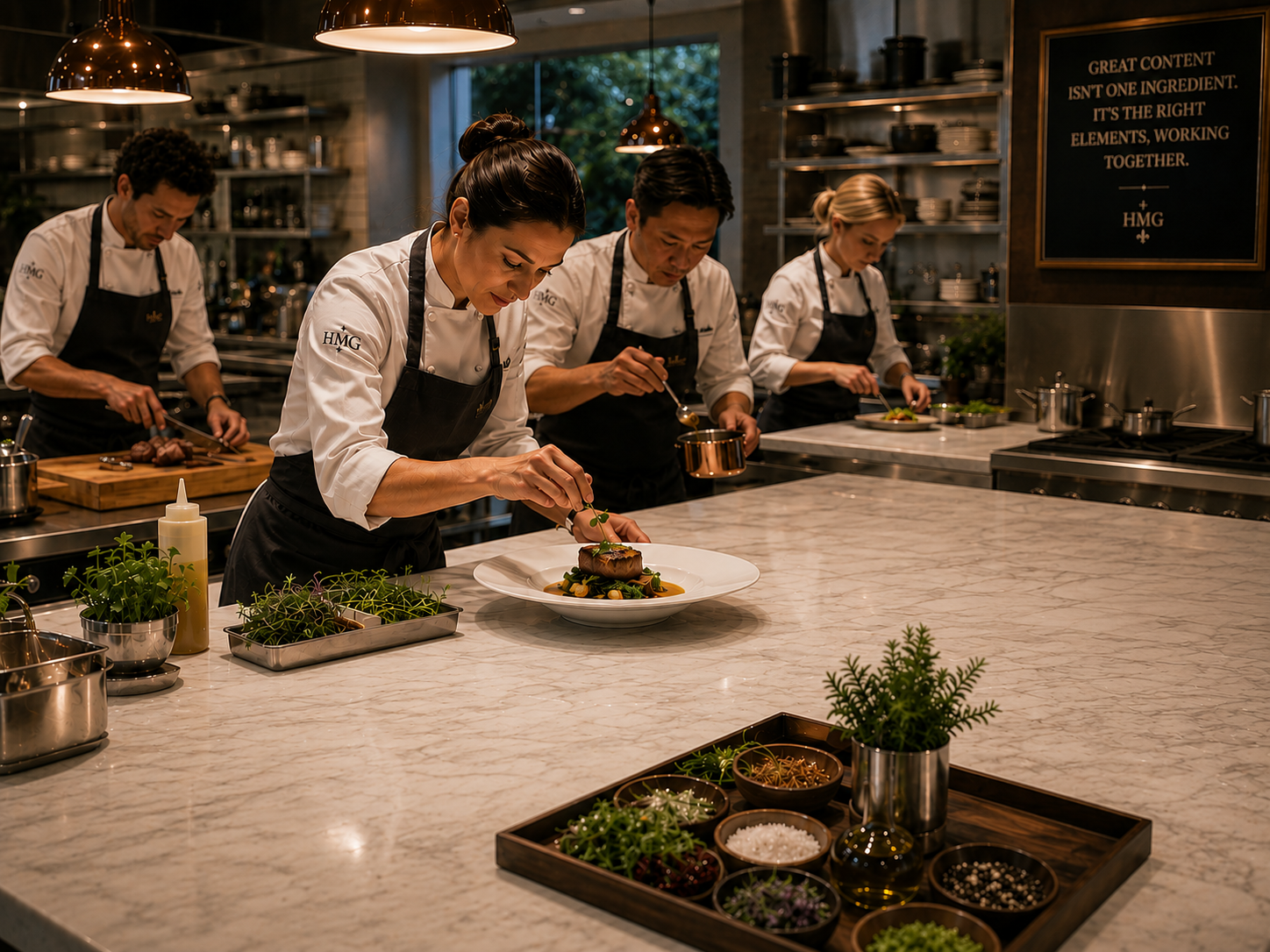 A team of chefs carefully prepares and plates a gourmet dish in a professional kitchen, illustrating how HMG helps create great blog content by combining the right elements with precision, collaboration, and attention to detail.