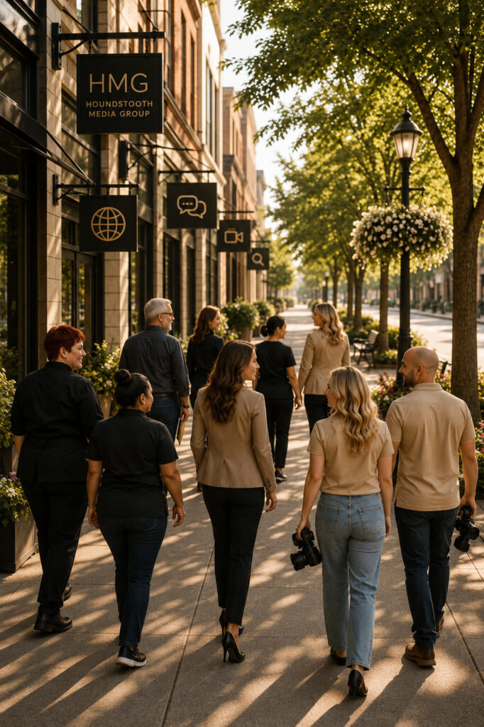 People walking along a tree-lined city sidewalk past storefronts on a sunny afternoon.