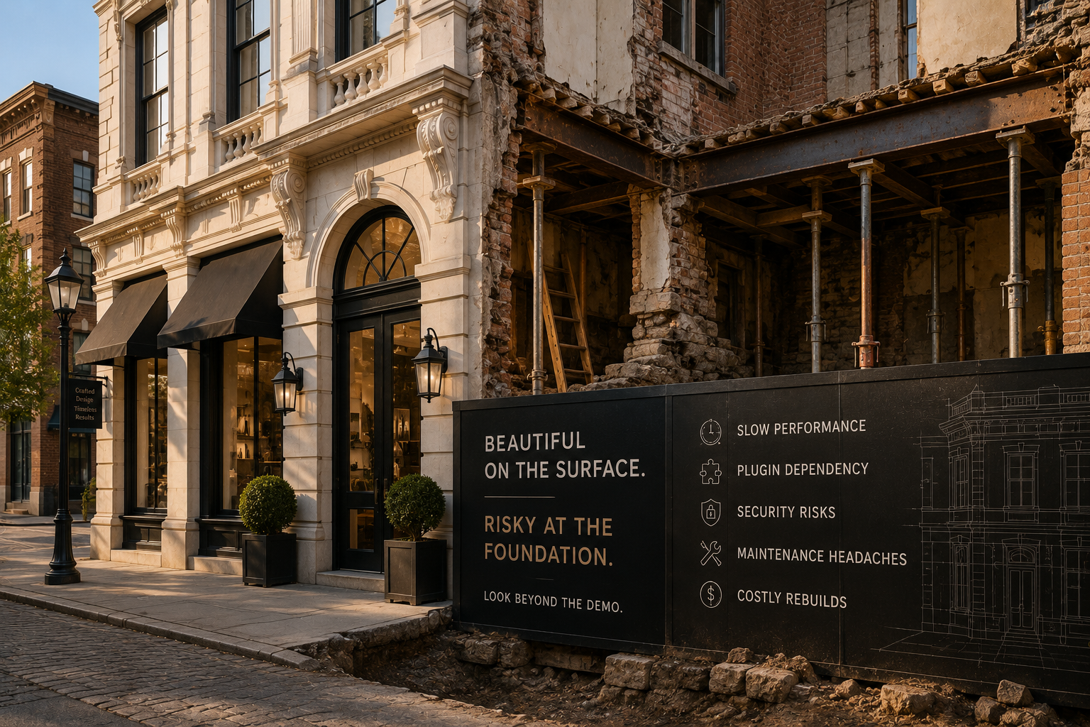 Historic storefront beside an exposed building under renovation, illustrating the contrast between polished design and structural issues, with signage highlighting performance, security, maintenance, and rebuild risks.