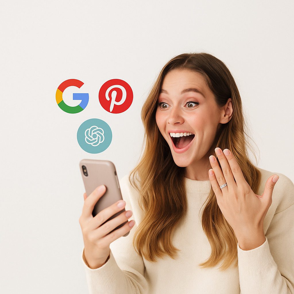 Happy woman looking at social media