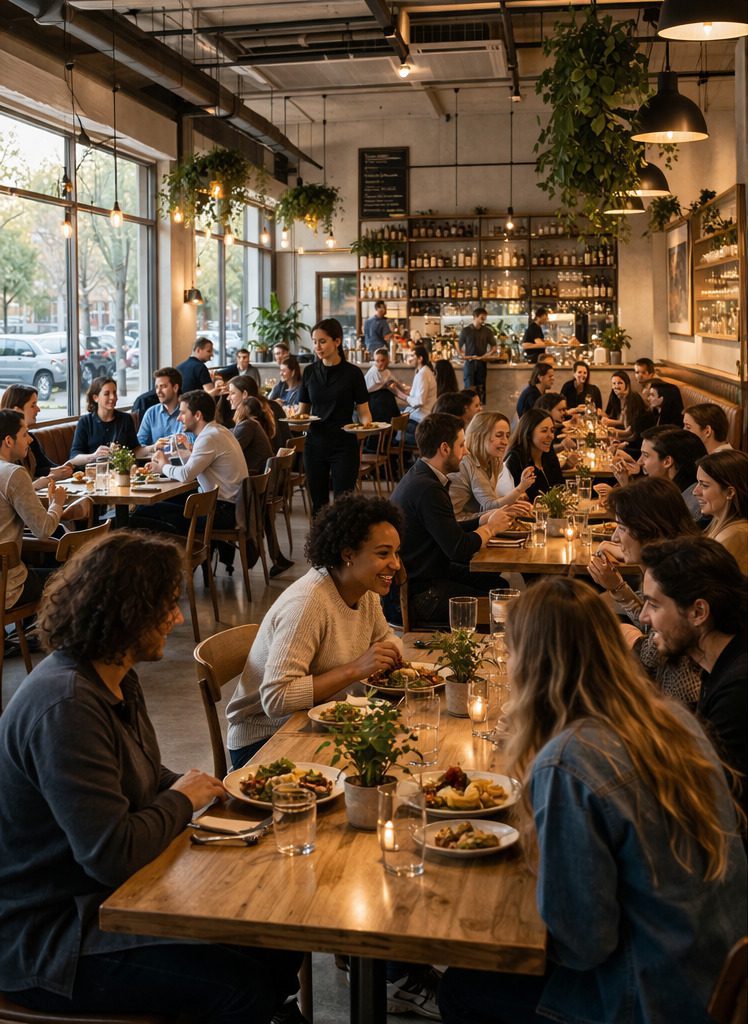 Busy restaurant scene with people dining in a warm, modern cafe setting.