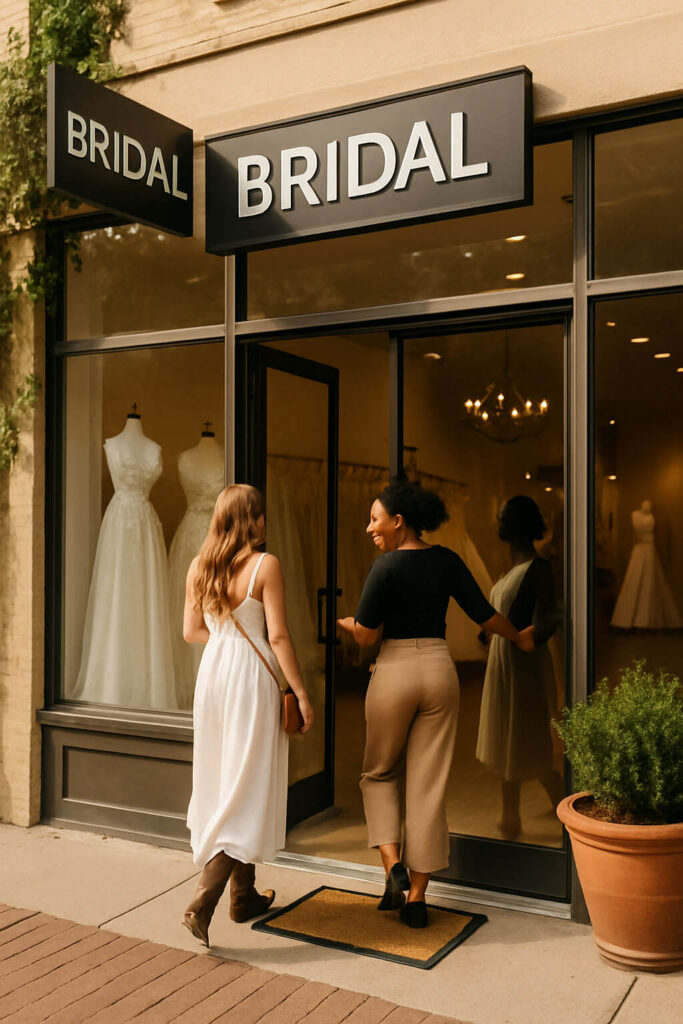 New brides happily walking into a bridal boutique.