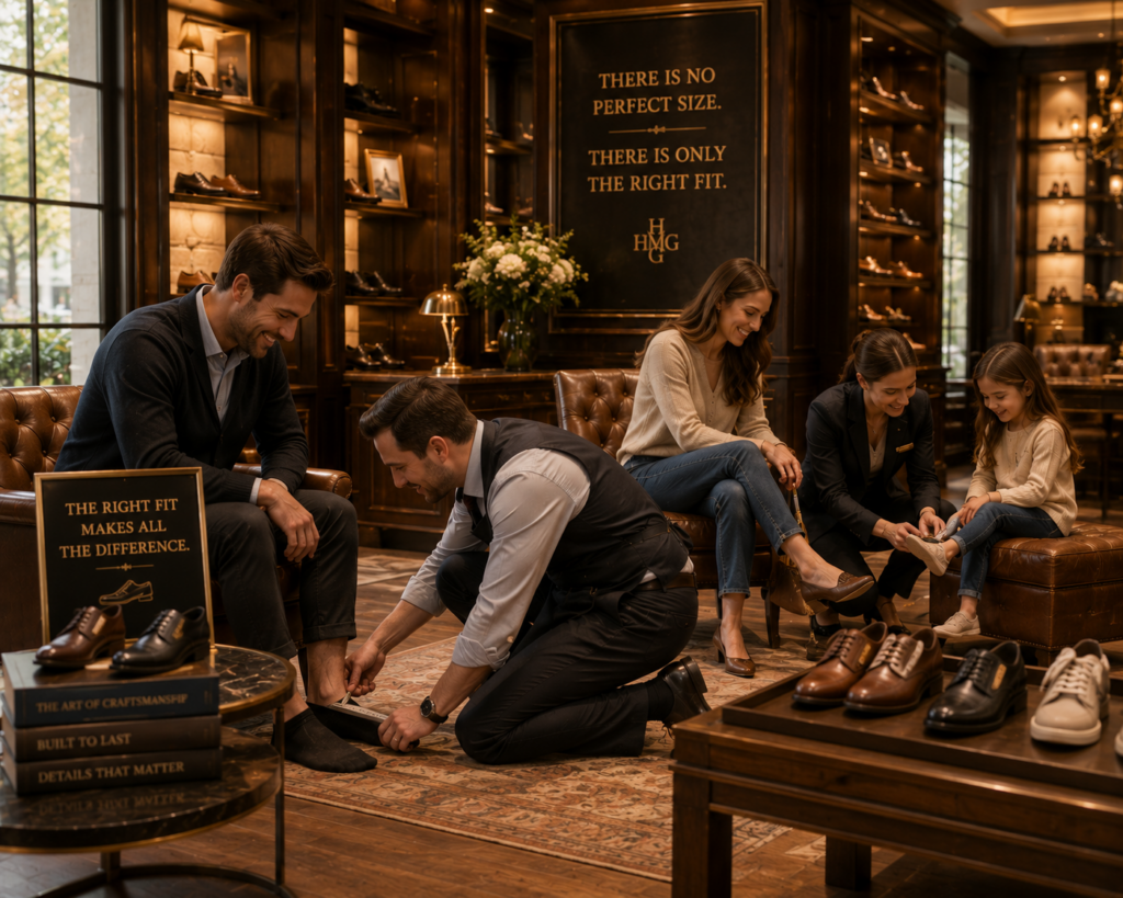A shoe store associate helps customers find the perfect fit, illustrating how HMG creates blog posts with the right length and depth to meet readers' needs without adding unnecessary content.