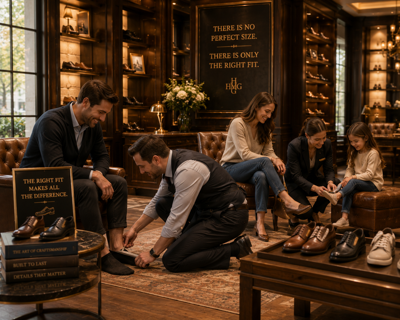 A shoe store associate helps customers find the perfect fit, illustrating how HMG creates blog posts with the right length and depth to meet readers' needs without adding unnecessary content.