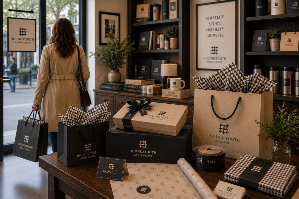 Branded HMG merchandise and packaging displayed in a thoughtfully designed showroom, showcasing a cohesive visual identity and premium brand experience.