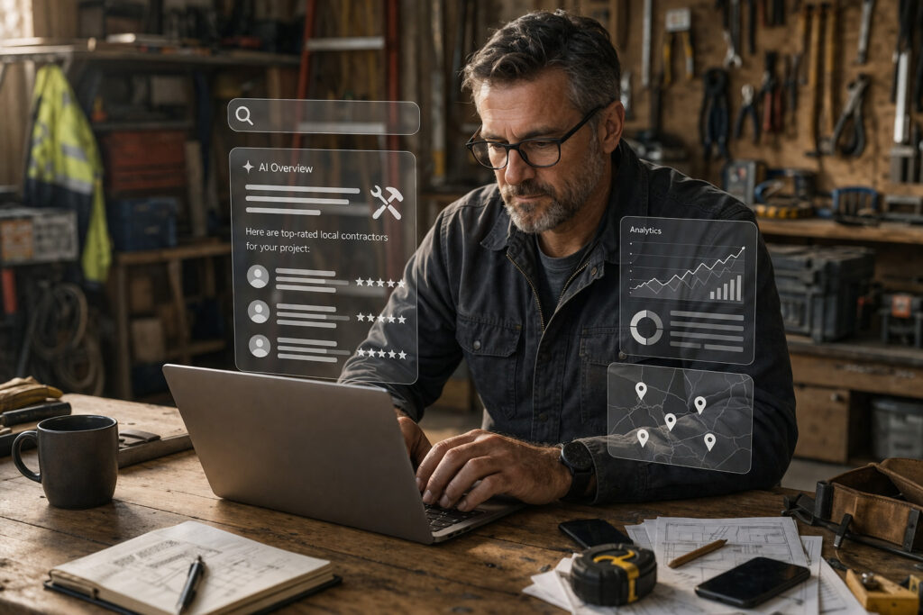 Tradesman sitting in his workshop assessing on his business' online presence. 